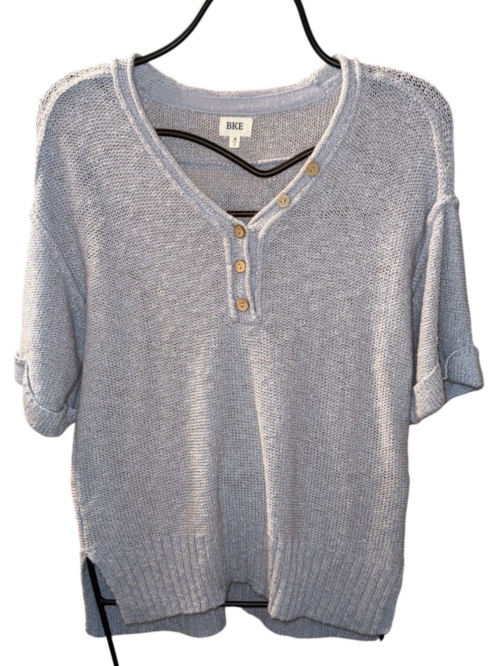 BKE Pale Gray V-Neck Short-Sleeve Henley Sweater